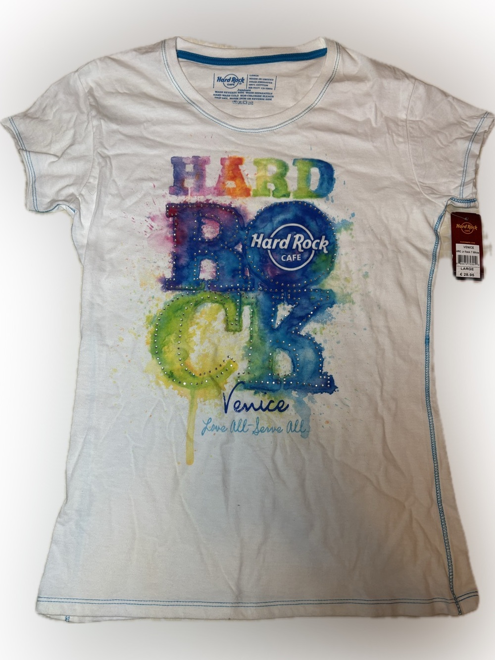 268. Hard Rock Cafe Venice T-Shirt with Rainbow Watercolor Logo, NWT, Size Jr L